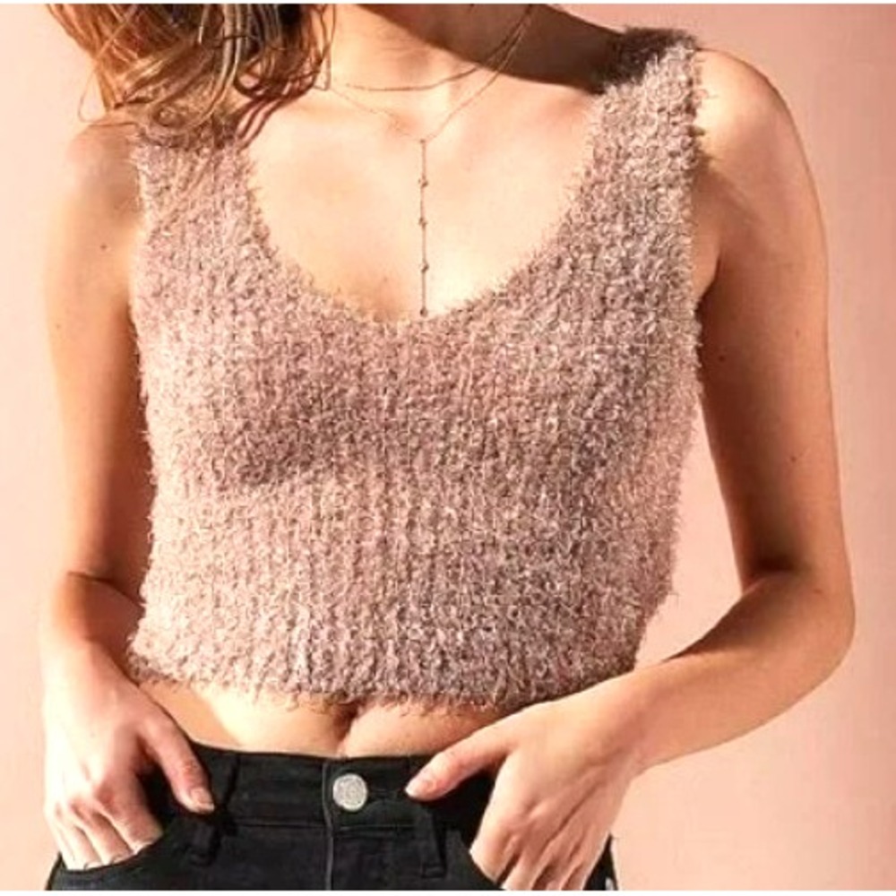 URBAN OUTFITTERS Women's Small Beige Gold Fuzzy Sleeveless Tank Top Festival
